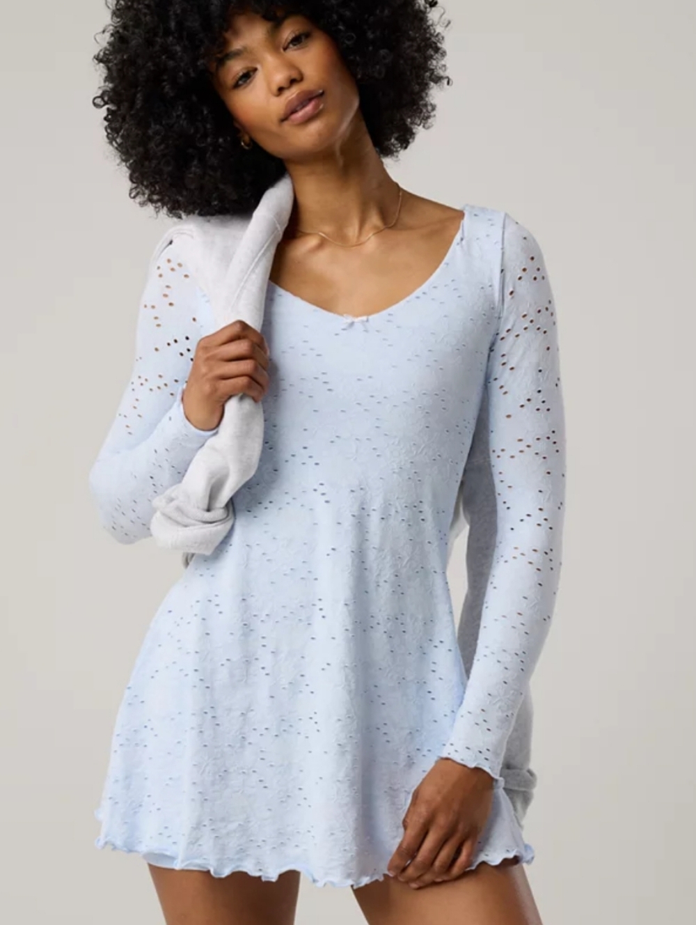 aerie Light Blue Long Sleeve Scoop Neck Eyelet Top